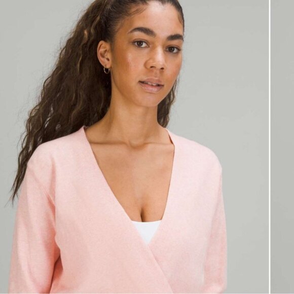 Lululemon Crossover Faux Wrap Cashmere Cotton Ribbed Sweater Top Knit Pink 10 - Picture 12 of 16